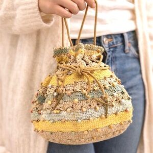 Vintage 1980’s/1990’s Beaded Crochet Drawstring Bag Purse Boho Pouch Handbag